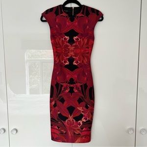 Ted Baker midi sheath dress, Size 0, Bold red floral print